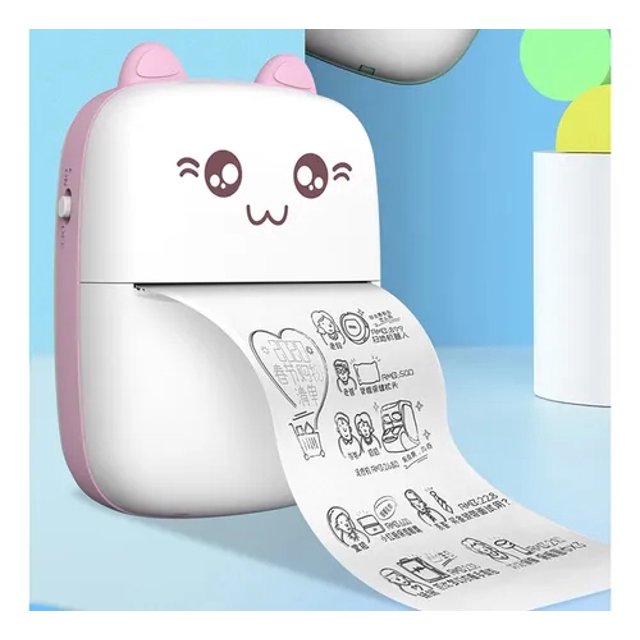 Cute cartoon-style printer with a roll of paper on a blue background