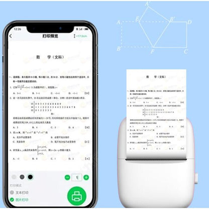 Smartphone displaying text scanning app next to a portable printer with printed text on a blue background
