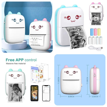 Collage of a cute cartoon-style photo printer with accessories and app controls.