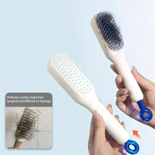 Two hairbrushes with different bristle designs held by hands against a light blue background.