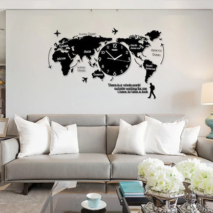 World map wall clock on a white wall above a gray sofa in a living room.