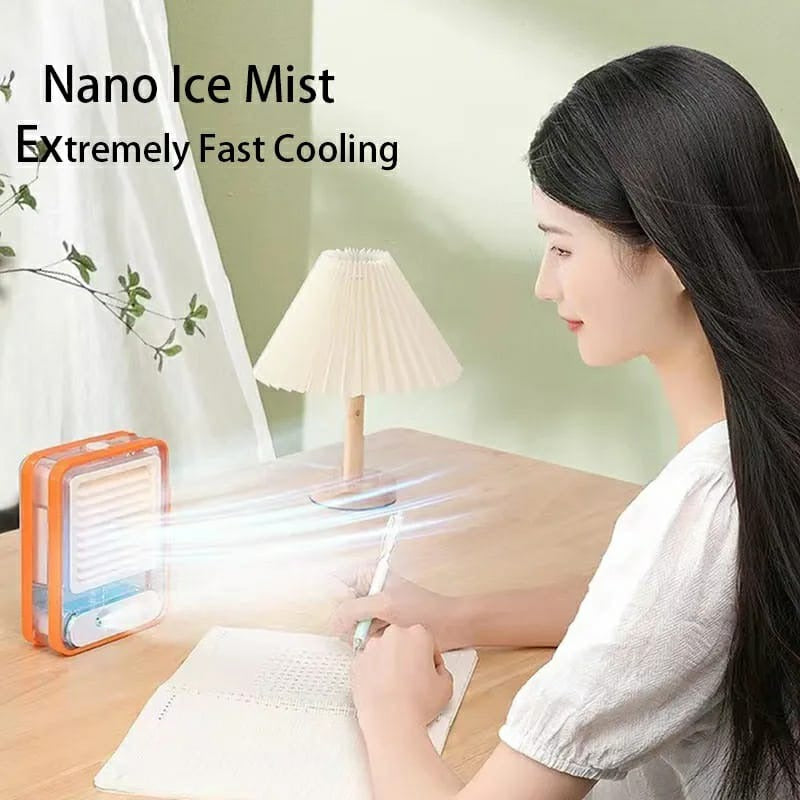 Woman using a Nano Ice Mist device for cooling, with text indicating 'Extremely Fast Cooling'.