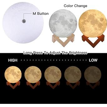 Moon lamp with color change and brightness adjustment options on a black background