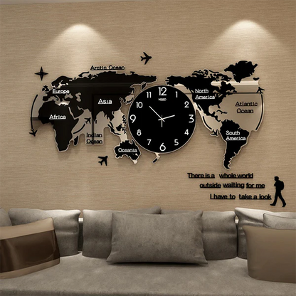 World map wall clock on a beige wall above a sofa