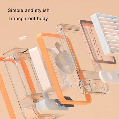Transparent and orange product on a peach background with text 'Simple and stylish Transparent body'.