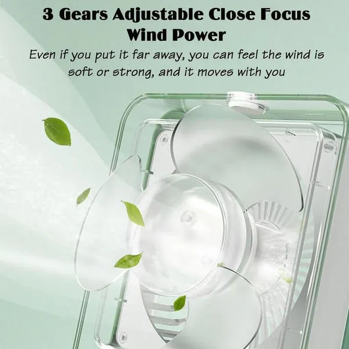 Portable fan with three adjustable gears and close focus wind power feature on a light green background.