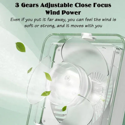 Portable fan with three adjustable gears and close focus wind power feature on a light green background.