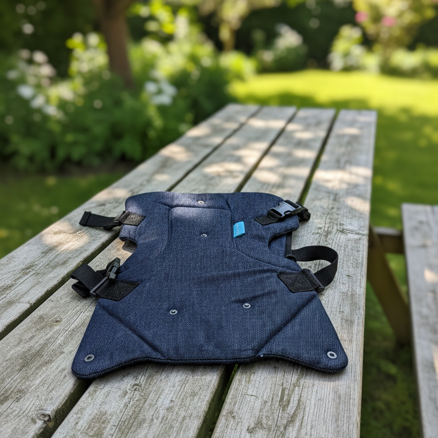 Blue baby carrier on a wooden bench outdoors with greenery in the background