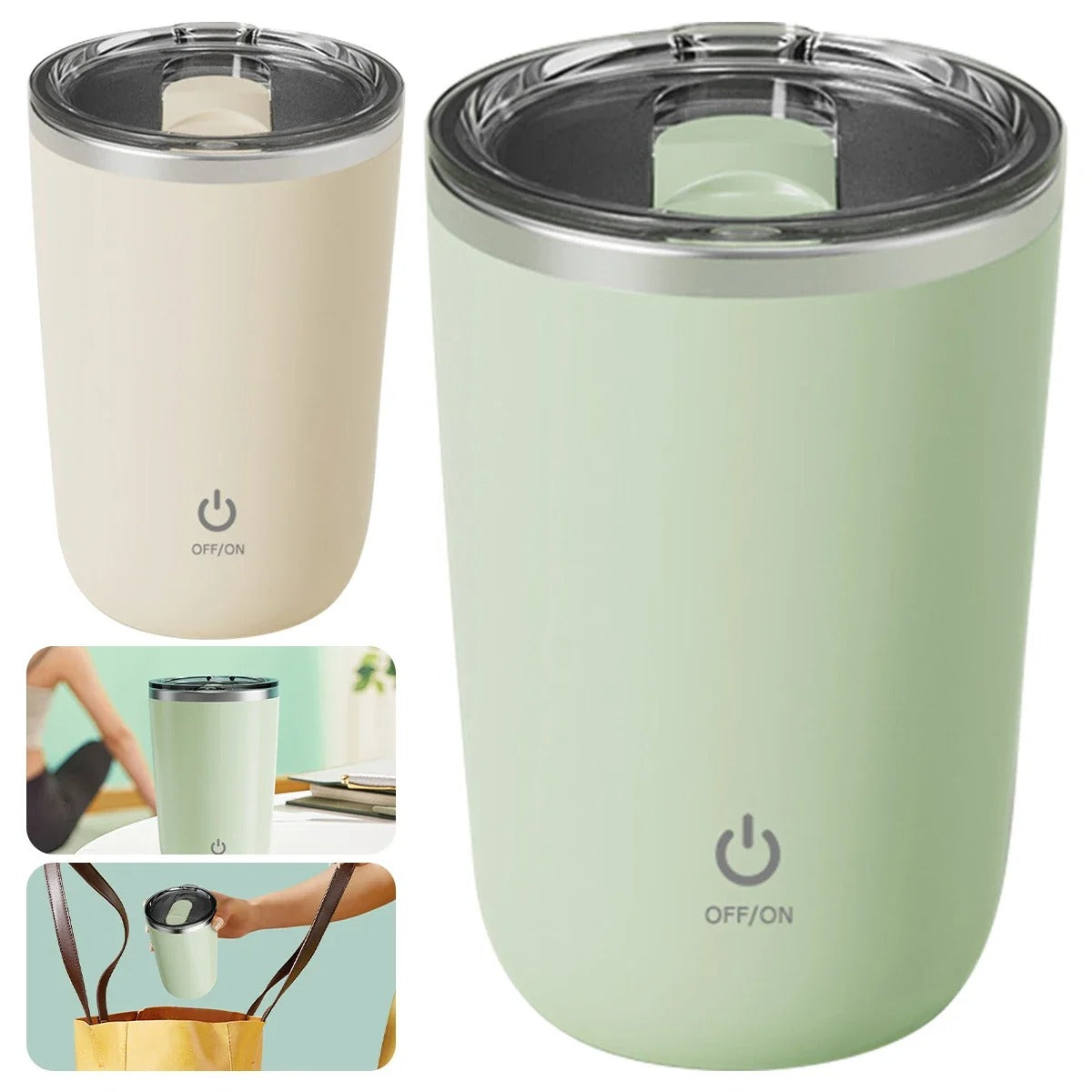 Two insulated tumblers, one beige and one green, with power symbol on a white background.