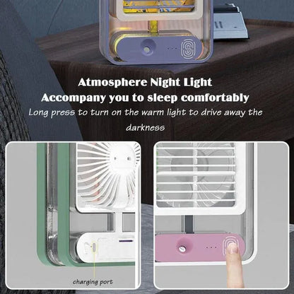 Portable fan with night light feature on a table, showing charging port and button details.