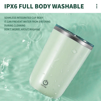 Green tumbler with water droplets on a water background, featuring text about IPX6 full body washability.