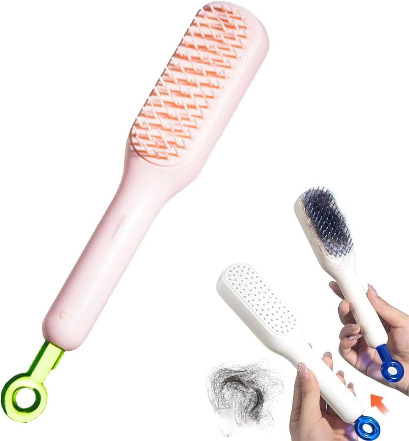 Two hairbrushes with a hand holding one, showing hair accumulation, on a white background.