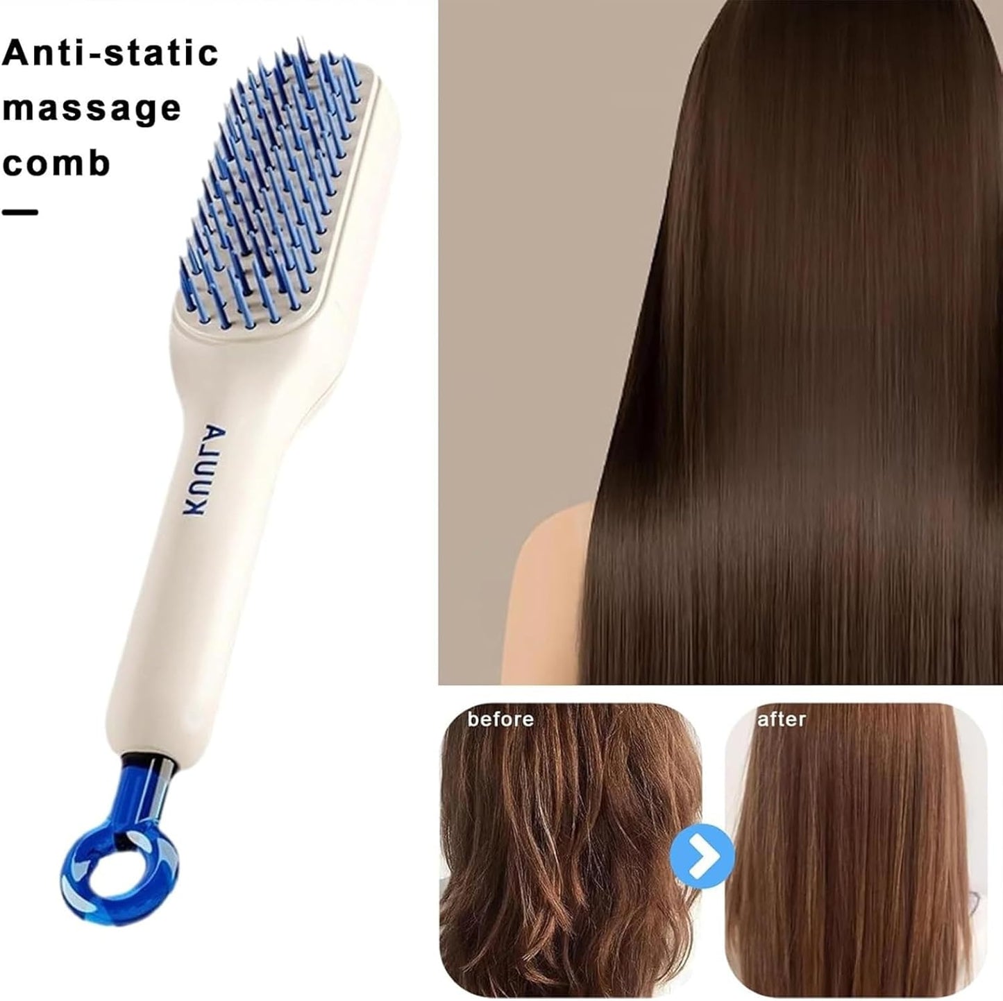 Anti-static massage comb with before and after hair comparison on a beige background