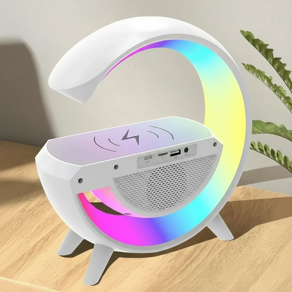 Colorful LED lamp with wireless charging pad on a wooden surface