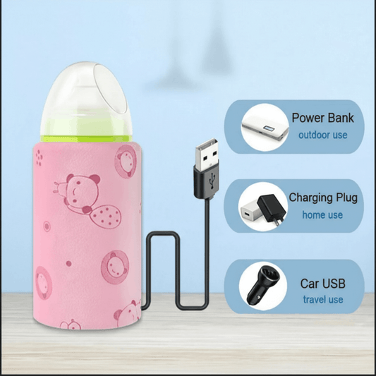 Pink power bank with charging accessories on a light blue background