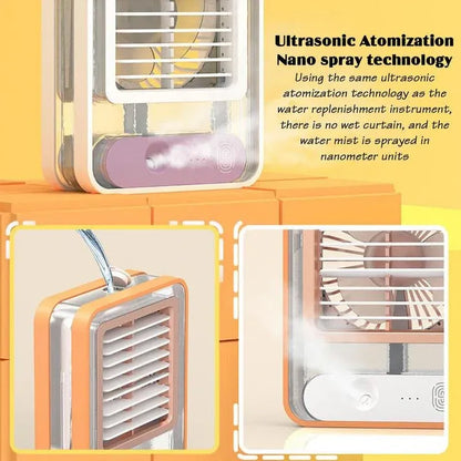 Portable air conditioner with ultrasonic atomization technology on a yellow background